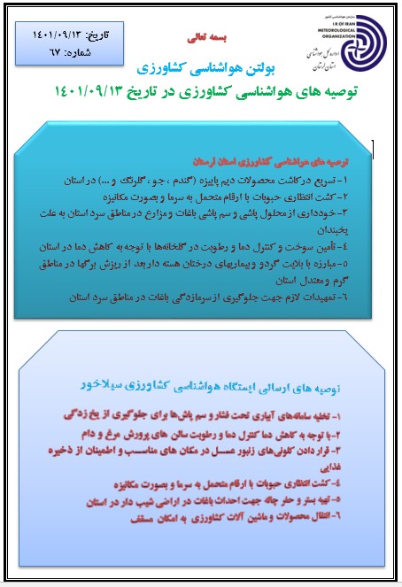 پیش بینی هواشناسی کشاورزی 13/09/1401